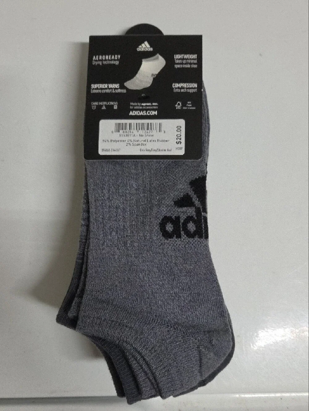 adidas Men's Superlite No-Show Socks in Gray with Maroon Logo - 6 Pack